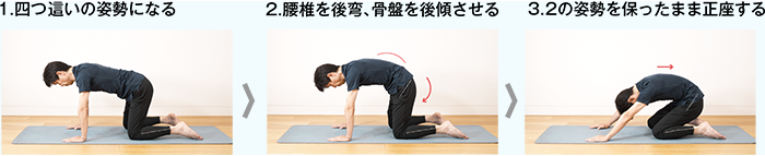 1．四つ這いの姿勢になる2．腰椎を後弯、骨盤を後傾させる3．2の姿勢を保ったまま正座する